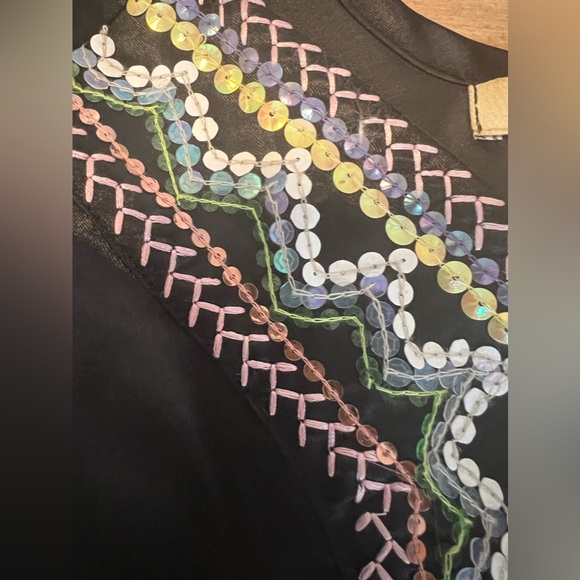 Arden B Boho A-Line cinched Waist Short Sleeve Boat Neck w/ Embroidery Black XS - Picture 6 of 11